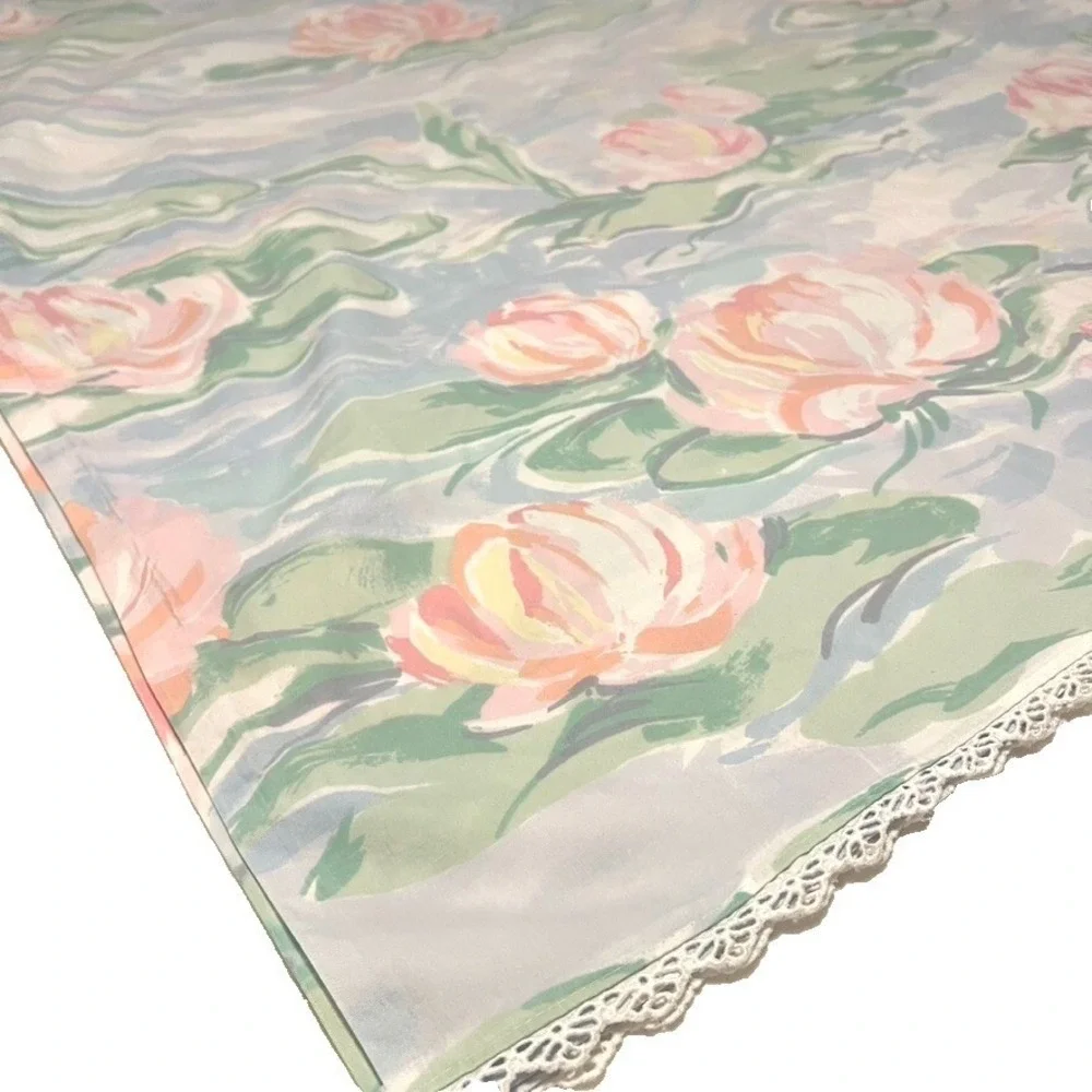 Atelier Martex Vtg 80s Monet's Water Lilies Twin Flat Sheet Lace Trim France